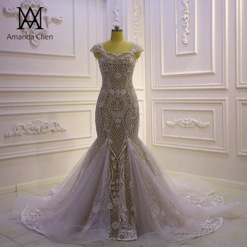 Mariage Cap Sleeve Lace Appliques Champagne Mermaid Wedding Dress