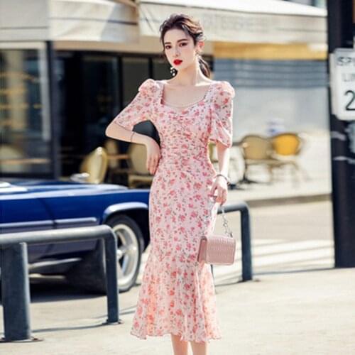 ZAWFL Womens Korean Retro Chic Ruffled Mermaid Hem High Waist Slim Puff Sleeve Bodycon Office Lady Dress 2021 New Fashion