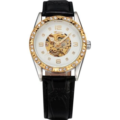 Womens Fashion WINNER Classic Automatic Mechanical Carving Diamond Skeleton Dial Leather Band Ladies Bracelet Wrist Watches