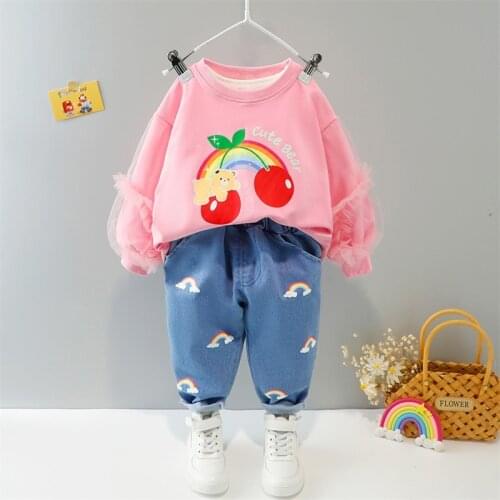 Baby Girls Long Sleeve Cartoon Bear Rainbow Hoodies Tops + Denim Jeans Casual Troiusers 2Pcs Suits Childrens Clothing Sets