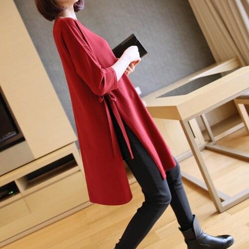 ASYMSAY 2018 Spring New Style 3/4 Sleeve Round Collar Solid Color Long Sweater Korean Side Split Bandage Knitted Pullover AC6523