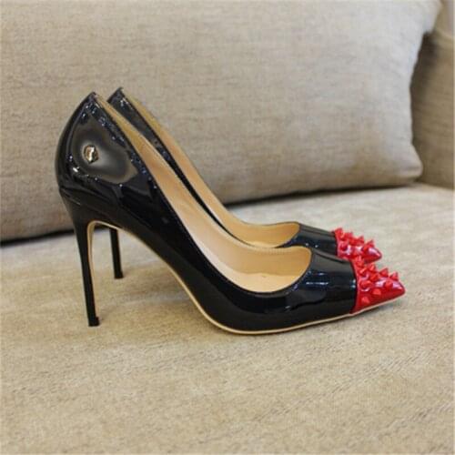 Free shipping fashion women Pumps lady Black red toe studded spikes Pointy toe high heel shoes size33-43 12cm 10cm 8cm Stiletto