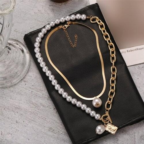 Baroque Style Irregular Pearl Chain Necklace for Women 2021 Asymmetric Geometric Metal Pearl Pendant Necklaces Fashion Statement