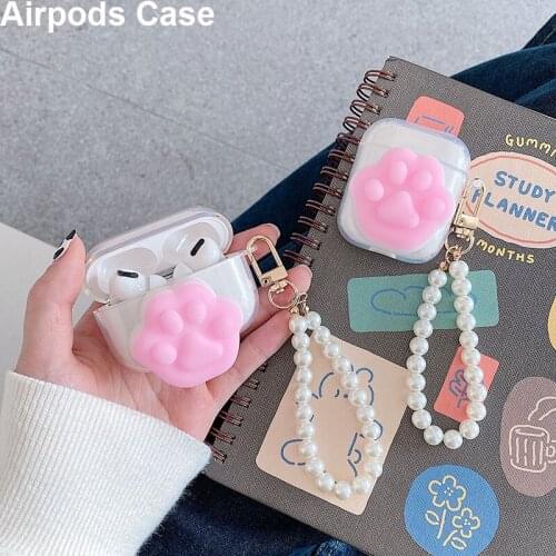 For Apple AirPods 1 2 Case Cute 3D Pink Paw Headphone Case Luxury Pearl Chain Strap for Airpods Pro Earphone Cover Accessories