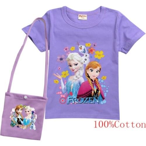Disney Summer Frozen Elsa Girls Kids Cute Cartoon Print T Shirt +bag set Child Cotton Short Sleeve 10 Colors T-shirt Tees Tops