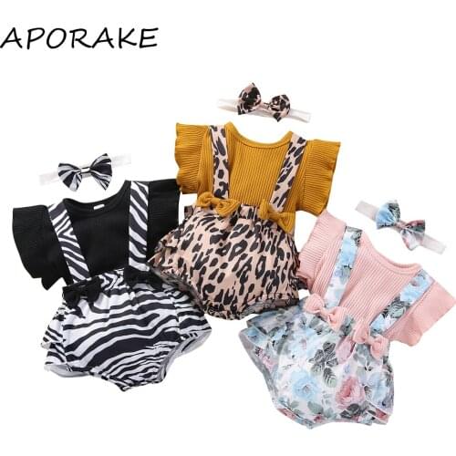 2021 0-18M Baby Girl Summer Clothing Sweet Solid Color Fly Sleeve T-shirt and Print Suspender Shorts with Headband 3pcs Outfits
