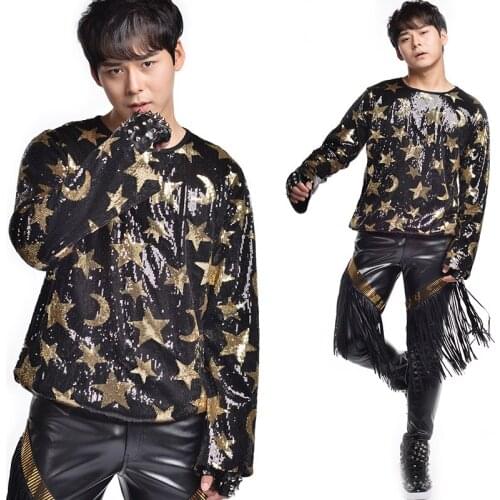 Dance Costumes Male Singer Long Sleeve Sequin T-shirt Bar Nightclub Clothing Mens T Shirts Fashion 2020 Harajuku Hip Hop