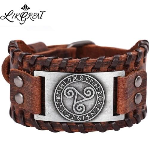 LIKGREAT Genuine Leather Bracelets Vintage Celtics Symbol Triskel Wicca Runes Amulet Wrist Jewelry Men Bracelet Accessories Gift