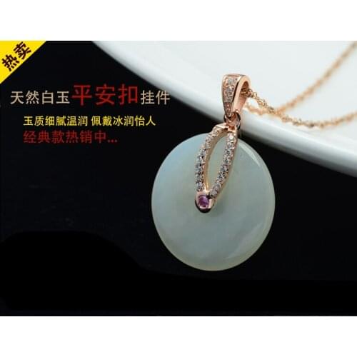 Genuine Hetian yu pendant buckle 925 silver inlaid natural yu pendant on Female Models