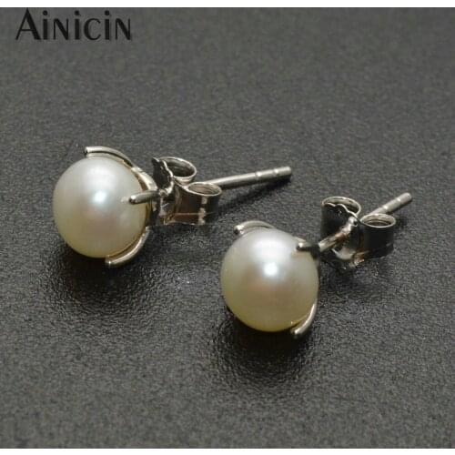 Natural Freshwater Pearl Prong Set Stud Earrings Nearly Round Pearl s925 Sterling Silver Mini Women Girl Friend Gift Jewelry
