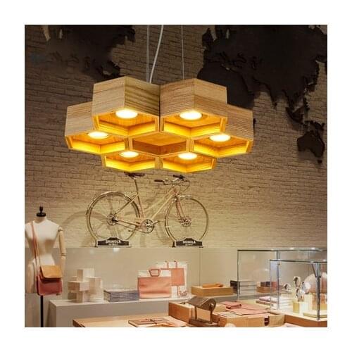 Modern Creative OaK Wood Contracted Honeycomb Wooden Pendant Lights LED Pendant Lamp Lighting fixture for Cafe Living Room Decor