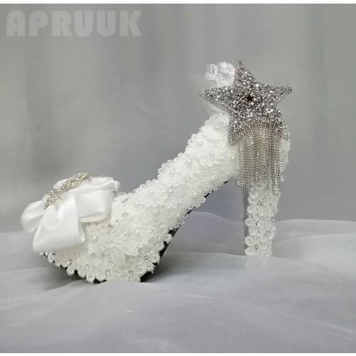 Lace pearls wedding shoes bride High heel shoes womens fashion bride party /wedding butterfly-knot banquet tassels pump shoes
