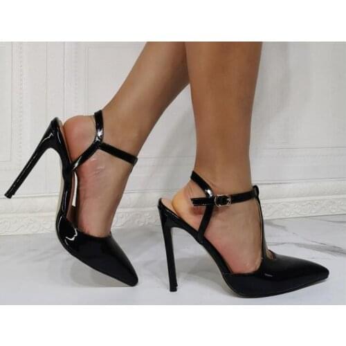 Dipsloot Sexy Woman Black Patent Leather Pointed Toe Pumps Female Buckle Strap 12 cm Stiletto Heels Party Dress Shoes Size 47