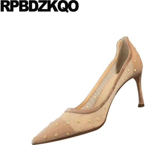 Mesh 3 inch stiletto high heels nude scarpin pumps black luxury brand women shoes 2019 polka dot fashion size 4 34 pointed toe