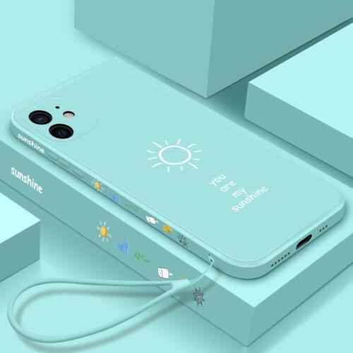 Ultra-thin Cute Sunshine Square Liquid Silicone Phone Case For iPhone 13 12 11 Pro XS Max SE XR X 8 7 Plus Luxury Lanyard Cover