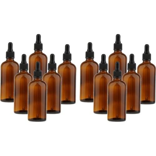 Pack of 12 Brown Amber Glass Refill Liquid Bottles With Glass Eye Dropper 100ml