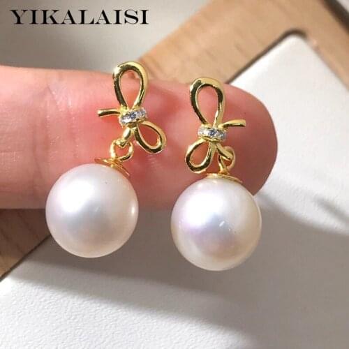 YIKALAISI 9-10mm Round Natural Freshwater Pearl Earrings Jewelry For Women 925 Sterling Silver Earrings Bow Style Wholesales