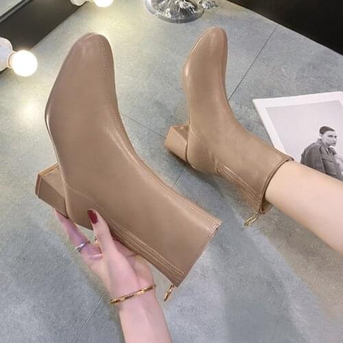 Rimocy Square Toe High Heels Ankle Boots for Women Fashion Back Zipper Pu Leather Botas Mujer Solid Color Autumn Winter Boots