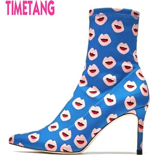 TIMETANG New Super Cool Hot Kiss Mouth Print Pointed Toe High Thin Heels Women Ankle Boots Sexy Beautiful Woman Shoes Size 34-43