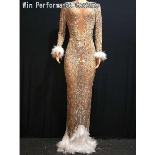 Female Elastic Mesh Feather Nude Long Sleeve Wrap Hip Dress Wedding Evening Perspective Long Dress Singer Host Catwalk Dresses
