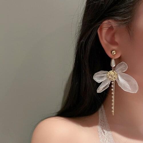 Origin Summer Statement White Muslin Bowknot Dangle Earring for Women Gold Simulation Pearl Tassel Earring Jewelry Pendientes