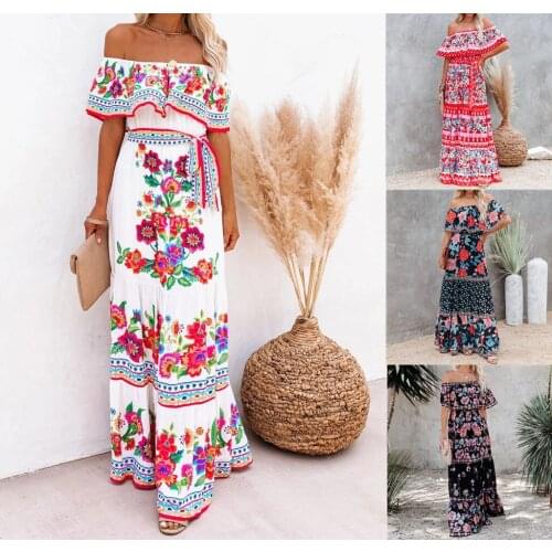 2021 Summer European and American New Style One-shoulder Print Temperament Lady Comfortable Long And Large Swing Dress