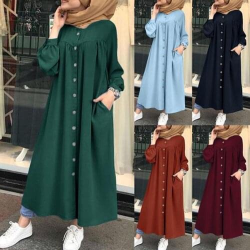Women Autumn Winter Long Puff Sleeve Buttons Pockets Loose Maxi Shirt Dress Robe dresses winter long-sleeve 2020