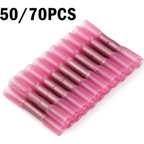 10/25/50/70pcs Red Heat Shrink Crimp Terminals Waterproof Fully Insulated Seal Butt Electrical Wire Connectors 22-18 AWG Kit