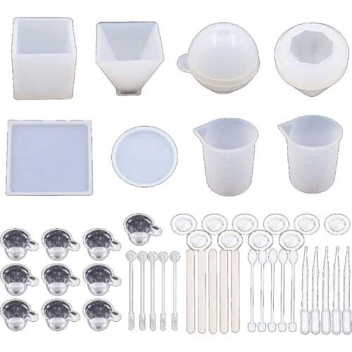 48Pcs 3D Pyramid Cubic Sphere Diamond Resin Casting Molds Large Clear Silicone Epoxy Resin Molds Mixing Cups Tools KIt