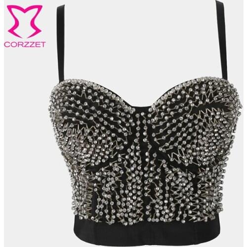 Black Tube Top Beads&Diamond Club Punk Bra Top Gothic Burlesque Club Dance Party Body Shaper Corsets and Bustiers