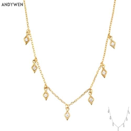 ANDYWEN 925 Sterling Silver Gold Square Charm Choker Long Pendant Fashion Fine Jewelry 2021 Wedding Crystal Jewelry Party Women