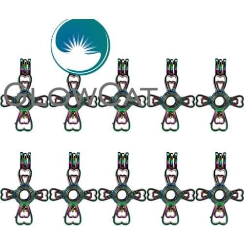 GLOWCAT 10x C270 Rainbow Color Flower Cross Beads Cage Jewelry Making Perfume Essential Oil Diffuser Pearl Cage Locket Pendant