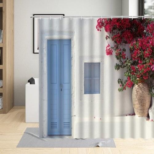 Greece landscape Wooden Door Flower Window Shower Curtain European Style Town Scenery Curtains Home Decor Wall Cloth With Hook