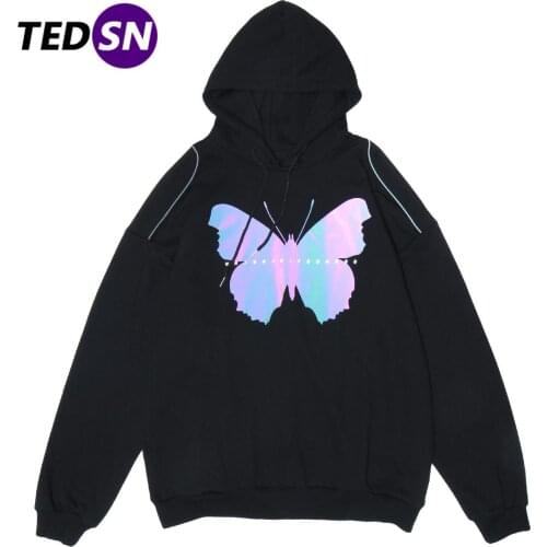 Harajuku Casual Hoodie Sweatshirt 2020 Autumn Streetwear Fleece Pullover Hip Hop Reflective Butterfly Hoodies Men Hoodies Black
