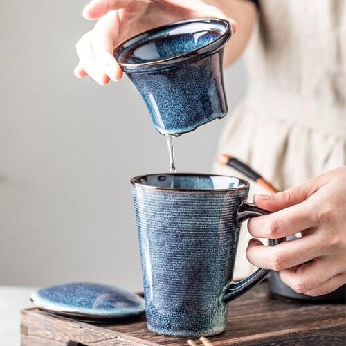 European-style ceramic cup with lid tea leak cup home retro blue tea separation water cup creative Mark cup bubble tea cup