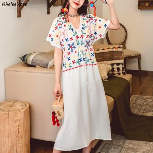 KHALEE YOSE Floral Embroidery Midi Dress Cotton Vintage Boho Summer Women Dresses White Navy Ladies Holiday Long Female Dress