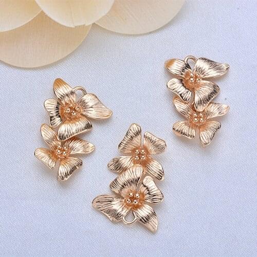 4PCS 24x15MM 24K Champagne Gold Color Plated Brass Double Flower Charms Pendants High Quality Diy Jewelry Accessories