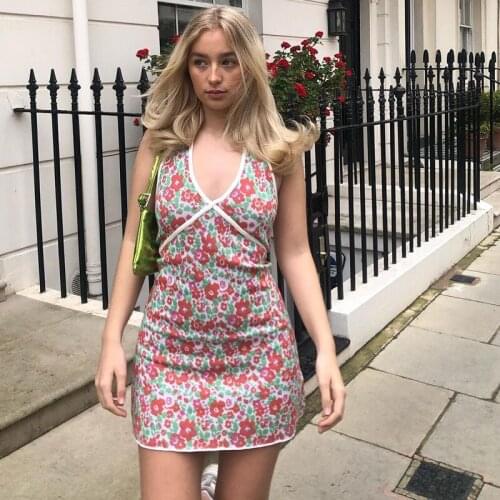 Summer Sexy Dresses Women 2021 New High Waist Backless Sleeveless Buttocks Dress Floral Print V Neck Halter Vintage Mini Dress