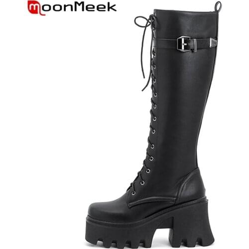 MoonMeek 2022 New Arrival Zipper Thick High Heels Genuine Leather Shoes Buckle Lace Up Women Winter Boots Popular Ankle Boots