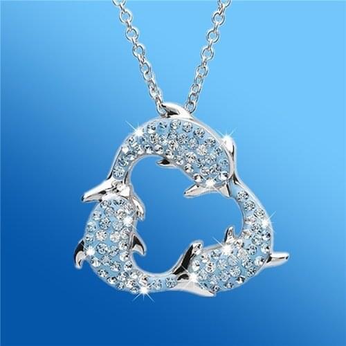 New Arrival Fashion Rhinestone Crystal Blue Three Dolphin Pendant Necklace For Women Cute Sweet Beautiful Animal Jewelry Gift