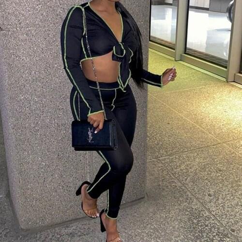 OMSJ 2020 Lady Long Sleeve V-Neck Sexy Tube Crop Top + Leggings 2 Pieces Set Women Fashion Solid Color Outfits Streetwear Black