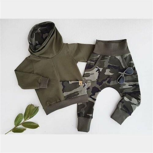 Newborn Baby Boy Fall Clothes Sets Long Sleeve Camouflage Hoodie Tops Long Pants Outfits 2PCS Set