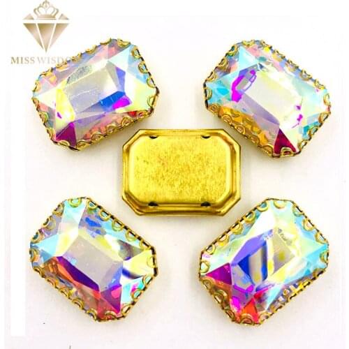 NEW 8X10/10X14/13x18mm sew on rhinestones WhiteAB Rectangle gold base lacy shape claw glass crystal rhinestones Diy accessories