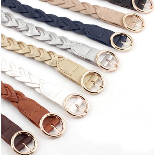 110cm Women Knitted Belts Solid Color PU Leather Braided Decorative Thin Waist Belt Round Gold Pin Buckle Jeans Dress Waistband