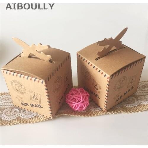 50pcs/lot DIY Air Mail Plane Aircraft Airplane Style Kraft Paper Candy Boxes Party Gift Boxes for Wedding Birthday Party Xmas