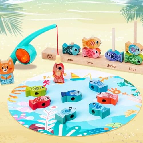Treeyeear Wooden Magnetic Fishing Game Toy Set for Toddlers Fish Catching Sensory Sorting Stacking Game with Counting Math Card