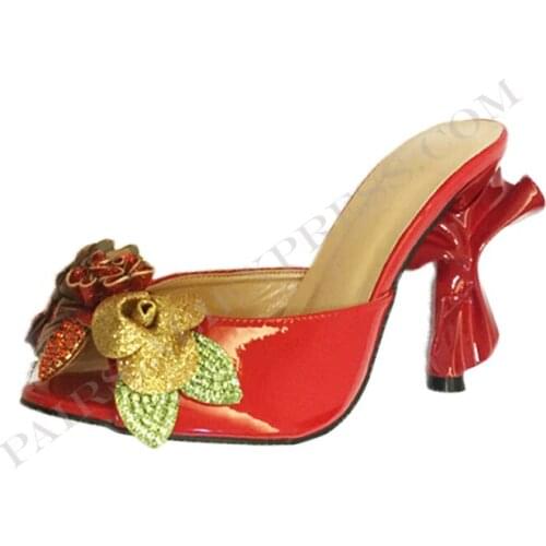 Luxury Shoes Women Designers Slippers Real Leather Shiny Red Mule Strange High Heel Flower Crystal Red Shoes Women plus Size 43