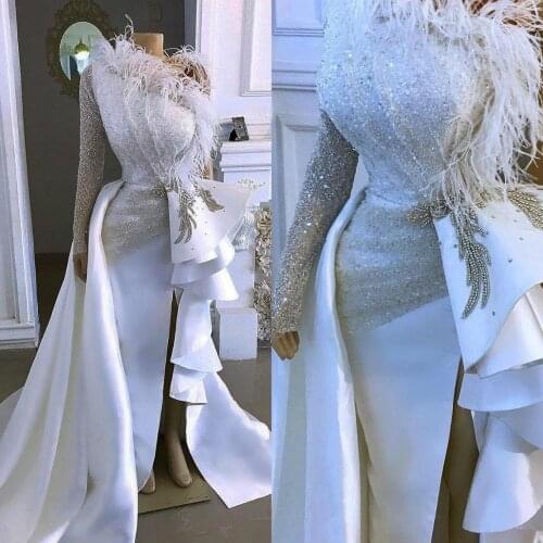 Modest One Shoulder Prom Dresses with Detachable Train Sequined Long Sleeve Feather Ruffles Side Slit Evening Dress