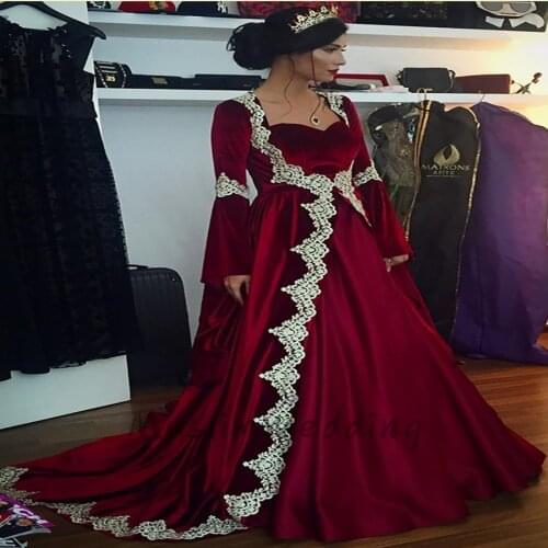 Vintage Burgundy Velvet Evening Dresses Muslim Arabic Long Sleeve Prom Dress 2020 Sweep Train Turish Formal Reception Dress New