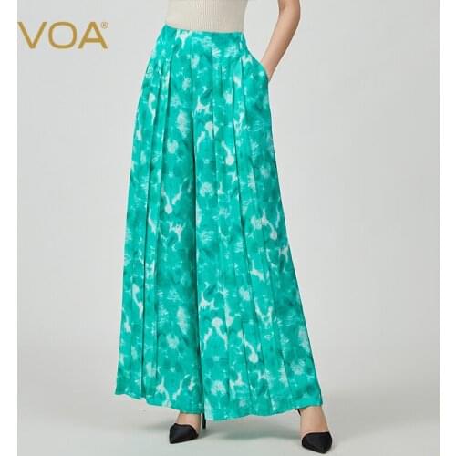 VOA Autumn New Product Jacquard Green Branches and Green Leaves Natural Waist Folds Invisible Insert Pocket Wide-leg Pants KE578